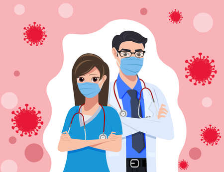 Medical front liners character vector concept design. Healthcare staff doctor and nurse in corona virus outbreak with high risk, danger and sick of infection from covid-19 disease. Vector illustrationのイラスト素材