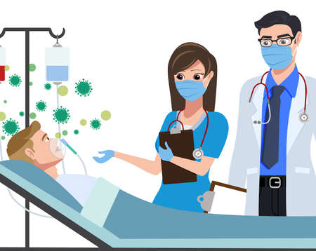 Medical character vector concept design. Doctor and nurse characters monitoring, giving treatment and medicine to corona virus infected patient in the hospital. Vector illustration.のイラスト素材