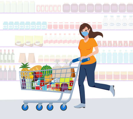 Corona virus character vector concept design. Woman character shopping foods, goods, panic buying and hoarding products for the quarantine. Vector illustration.のイラスト素材