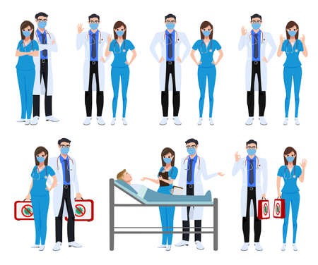 Medical staff set character vector concept design. Covid-19 hospital doctor and nurse characters with corona virus patient and holding cure medicine isolated in white background. Vector illustration.のイラスト素材