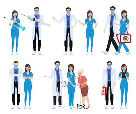 Medical staff set character vector concept design. Covid-19 hospital doctor and nurse characters in fighting corona virus and holding vaccine isolated in white background. Vector illustration.のイラスト素材
