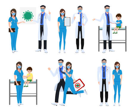 Medical front liners set character vector concept design. Covid-19 doctor and nurse characters with corona virus patients presenting test result and fighting corona virus isolated in white background. Vector illustration.のイラスト素材