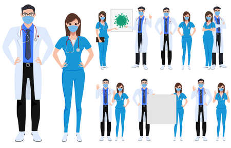 Medical characters set vector concept design. Covid-19 doctor and nurse character in corona virus outbreak presenting how to fight corona virus isolated in white background. Vector illustration.のイラスト素材