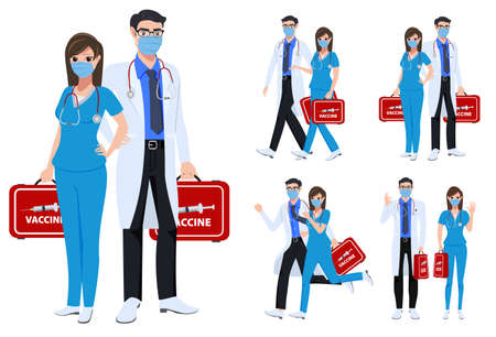 Medical staff character set vector concept design. Covid-19 front liners doctor and nurse characters fighting corona virus and holding vaccine isolated in white background. Vector illustration.のイラスト素材