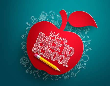 Back to school apple vector banner. Back to school text in red paper cut apple with hand drawn school items and elements in blue background. Vector illustration.のイラスト素材