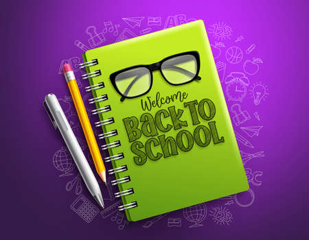 Back to school notebook vector design. Back to school text in green notebook with school items and education related hand drawn elements in violet background. Vector illustration.のイラスト素材