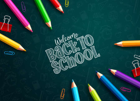 Back to school colored pencils vector design. Back to school text and colorful colored pencils and paper clips in green educational pattern background. Vector illustration.のイラスト素材