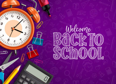 Back to school education vector design. Back to school text in empty space with school items and supplies in violet education pattern background. Vector illustration.のイラスト素材