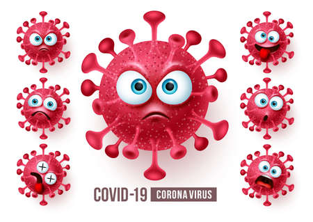 Corona virus covid19 emoji vector set. Covid19 corona virus emojis and emoticons with angry and scary faces for global pandemic outbreak. Vector illustration.のイラスト素材