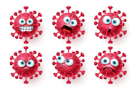 Corona virus emojis icon vector set. Covid corona virus icon and emoticons with scary and angry facial expressions isolated in white. Vector illustration.のイラスト素材