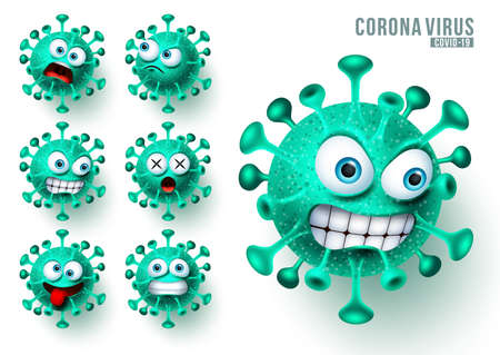 Coronavirus ncov emoji vector set. Novel corona virus covid19 emojis and emoticons with scary and angry facial expressions for global viral outbreak. Vector illustration.のイラスト素材