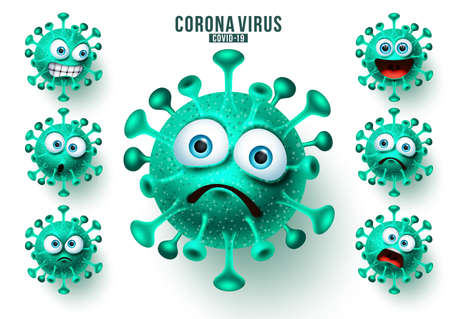 Novel corona virus emoticons vector set. Ncov covid19 virus emojis and emoticons with facial expressions for global viral infection. Vector illustration.のイラスト素材