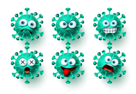 Corona virus icon vector set. Ncov covid19 corona virus emoticon and emoji with scary and angry facial expressions for global pandemic. Vector illustration.のイラスト素材