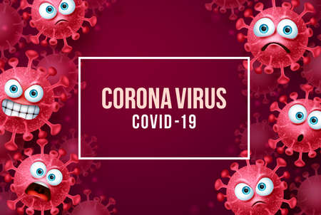 Corona virus covid-19 vector background. Corona virus background with covid-19 emojis and emoticons and text in red empty space. Vector illustration.のイラスト素材