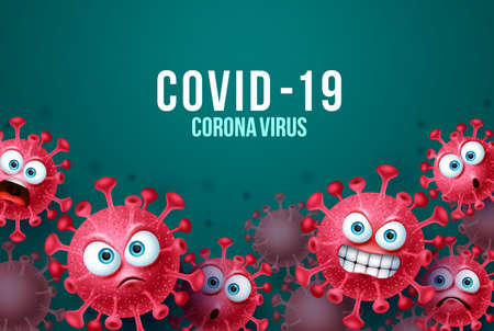 Covid-19 corona virus vector background template. Corona virus background with angry and scary covid-19 emoticons and emojis in background. Vector illustration.のイラスト素材