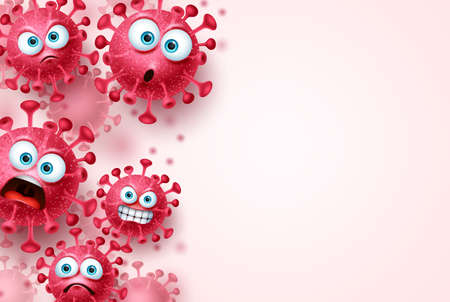 Covid-19 corona virus vector template background. Ncov corona virus background with scary and angry covid19 emojis and emoticons and empty blank space for text. Vector illustration.のイラスト素材