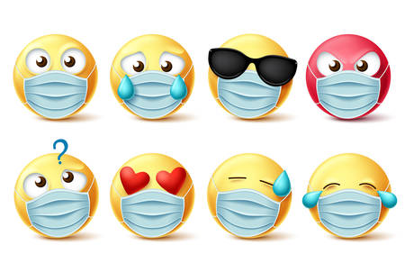 Emoticons face mask vector emojis set. Emojis and covid-19 emoticons with face mask and facial expressions isolated in white for covid-19 corona virus design elements. Vector illustration.のイラスト素材