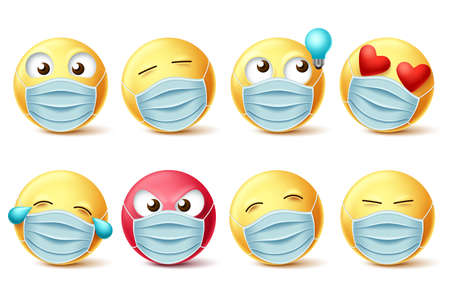 Emoji covid-19 face mask vector set. Emojis and emoticons with facial expressions and face mask for covid-19 corona virus design element. Vector illustration.のイラスト素材
