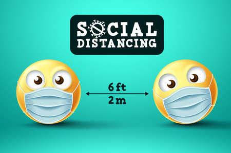 Social Distancing smiley emoji vector sign. Emoji or emoticon with face mask in public social distancing for covid-19 preventive measure. Vector illustration.のイラスト素材