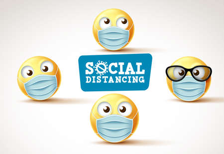 Smiley emoji social distance with face mask vector signage. Emojis or emoticons with face mask warning sign to fight covid-19 corona virus. Vector illustration.のイラスト素材