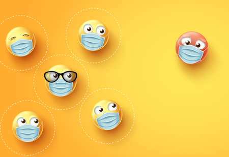 Smiley emojis social distancing vector background. Emoji and emoticon wearing face mask with social distance to fight covid-19 corona virus. Vector illustration.のイラスト素材