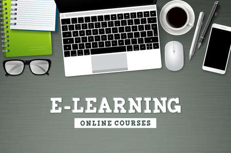 E-learning online school vector background. Elearning online courses text with school elements and computer devices for webinars, tutorial and home school. Vector illustration.のイラスト素材