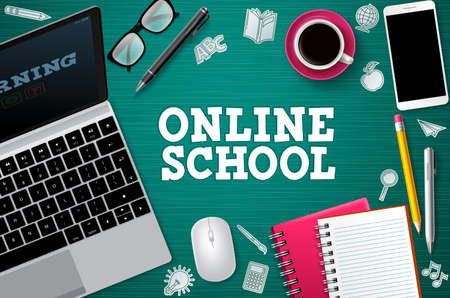 Online school e-learning vector banner. E-learning online school text with laptop computer and school elements for global home education through internet. Vector illustration.のイラスト素材