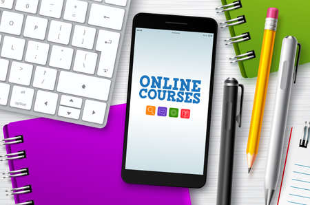 Online courses e-learning vector background. E-learning online courses text in mobile phone's screen with school elements and internet devices for home school education. Vector illustration.のイラスト素材