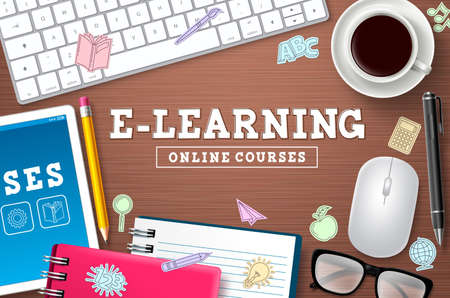E-learning online school vector background. E-learning online courses text with computer devices and school elements for digital home education study. Vector illustration.のイラスト素材