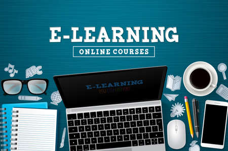 E-learning online education vector banner. E-learning online courses text with laptop computer...