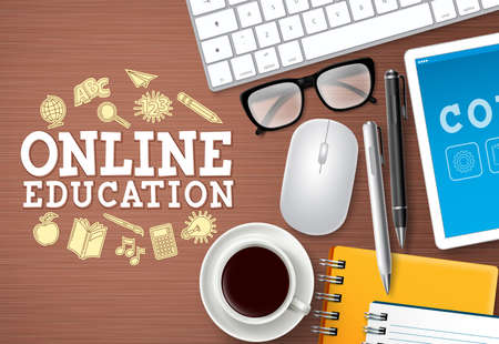 Online education e-learning vector background. Online education text with computer elements and school items for e-learning study at home. Vector illustration.のイラスト素材
