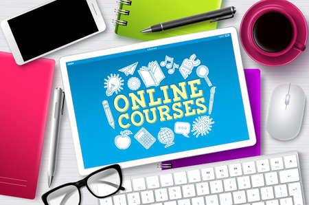 Online courses e-learning vector banner. E-learning online courses text in tablet screen with school elements for digital education through internet. Vector illustration.のイラスト素材