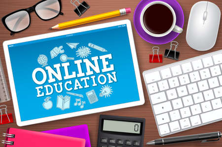 Online education e-learning school vector design. Online education text in tablet's computer screen with school elements and internet tools for digital school learning. Vector illustration.のイラスト素材