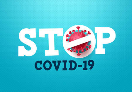 Stop covid-19 coronavirus vector sign. Stop covid-19 text with corona virus icon in blue pattern background for global covid19 outbreak. Vector illustration.のイラスト素材