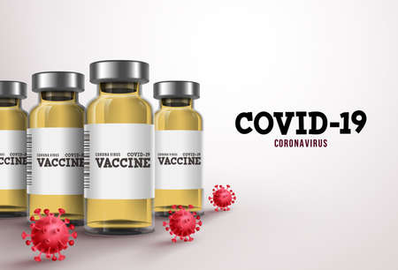 Covid19 coronavirus vaccine vector banner. Covid-19 text and vaccine bottles in white background for coronavirus treatment and immunization design template. Vector illustration.のイラスト素材