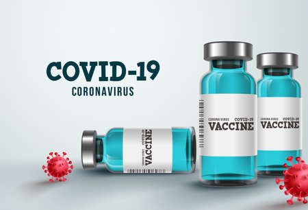 Vaccine for covid-19 coronavirus vector banner. Coronavirus vaccine bottle for covid-19 treatment, cure, immunization and clinical research. Vector illustration.のイラスト素材