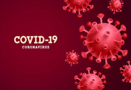 Covid-19 coronavirus red vector background. Coronavirus covid-19 text in red empty space with 3d realistic sars ncov for global pandemic. Vector illustration.のイラスト素材