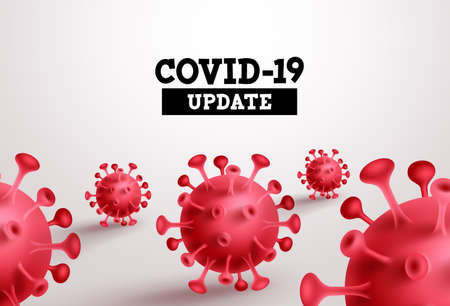 Covid-19 update vector banner. Covid19 update text with red coronavirus in white background for novel corona virus global outbreak. Vector illustration.のイラスト素材