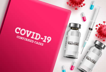 Covid-19 vaccine vector banner. Covid-19 coronavirus vaccination bottle and injection tools for confirmed cases patients. Vector illustration.のイラスト素材