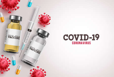 Covid-19 vaccine vector banner. Coronavirus covid-19 vaccine with syringe injection tools and space for text for the corona virus treatment in white background. Vector illustration.のイラスト素材