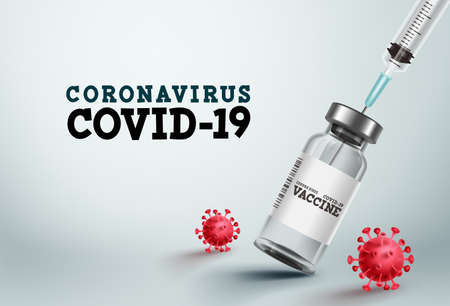 Covid-19 vaccine vector banner. Covid-19 vaccine bottle and injection syringe for coronavirus treatment and medical cure in white background Vector template.のイラスト素材