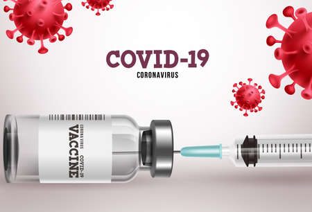 Covid-19 vaccination vector banner. Covid19 coronavirus vaccine bottle and syringe injection with text in white space for novel corona virus treatment immunization. Vector illustration.のイラスト素材