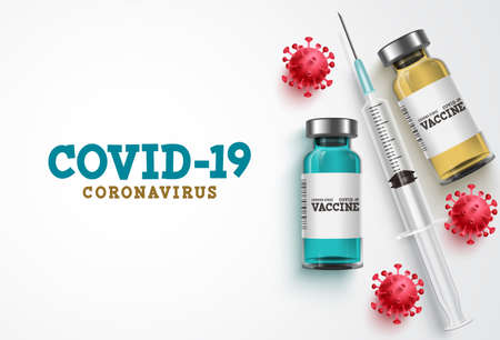 Covid-19 coronavirus vaccine treatment vector background. Covid19 vaccine bottle, syringe injection tool and coronavirus text in white background for corona virus immunization. Vector illustration.のイラスト素材