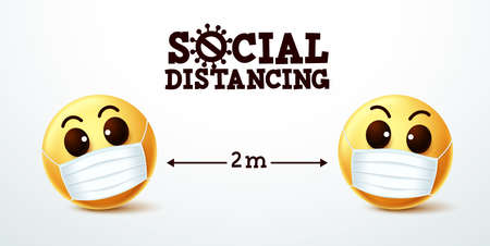 Emoji social distancing vector sign. Emoji smiley wearing face mask with social distancing text instruction to prevent covid-19 coronavirus infection. Vector illustration.のイラスト素材