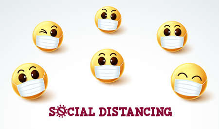 Emoji smiley social distancing vector sign. Social distancing emoji smileys wearing face mask for covid-19 coronavirus preventive measure. Vector illustration.のイラスト素材