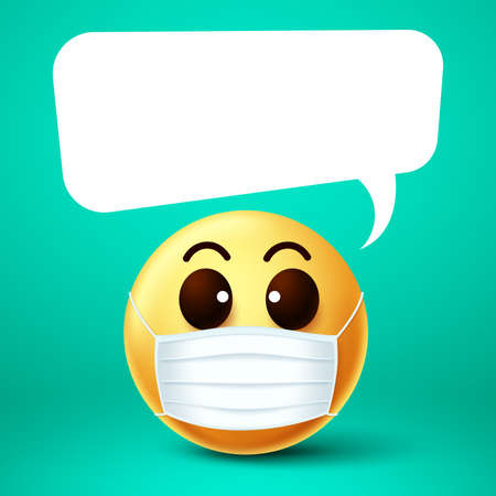 Emoji smiley face mask vector template. Emoji smiley wearing face mask with empty white speech bubble while talking for covid-19 coronavirus outbreak. Vector illustration.のイラスト素材