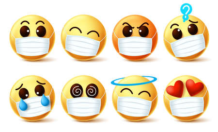 Emoji smiley with covid-19 face mask vector set. Emoji smiley with facial expressions wearing facemask to prevent covid-19 coronavirus infection. Vector illustration.のイラスト素材