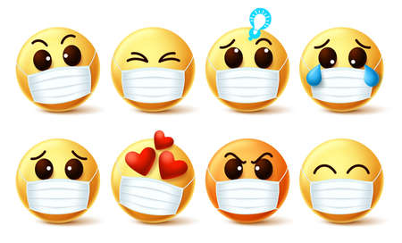 Smileys emoticon wearing face mask vector set. Smiley emoji wearing face mask with facial emotions for the prevention of covid-19 coronavirus viral infection. Vector illustration.のイラスト素材