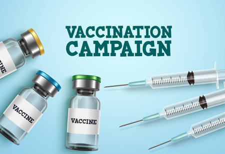 Vaccination campaign vector design. Vaccination campaign text with vaccine shot bottle and syringe injection for covid-19 coronavirus immunization medical treatment. Vector illustration.のイラスト素材