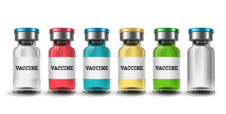 Vaccine bottle vector set. Vaccine bottle mockup with various colors for vaccination and immunization design elements isolated in white background. Vector illustration.のイラスト素材